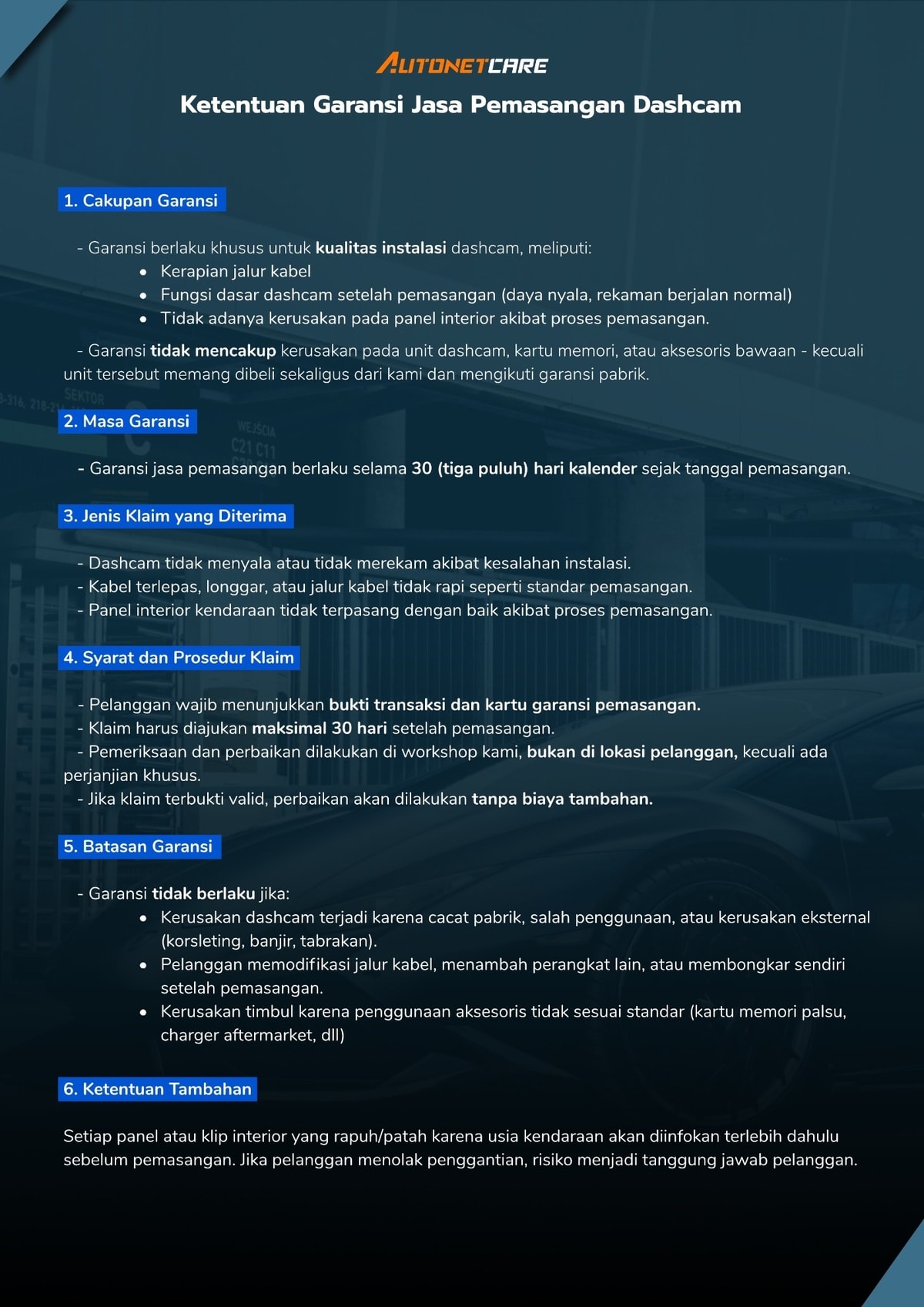 garansi jasa pasang dashcam